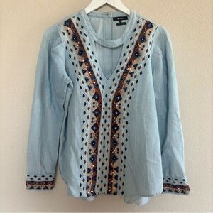 Miss Me Sequin Chambray Boho Western Aztec Design Long Sleeve Top Women’s Size S